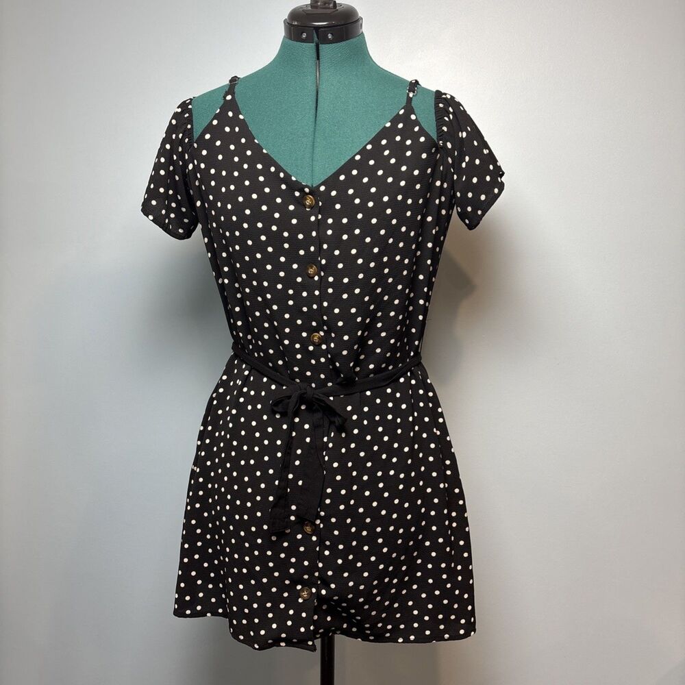 Speechless Black White Polka Dot Cold Shoulder Button Dress M with Pockets Belt